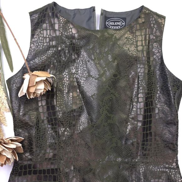 Selene Elegant Green Embossed Sleeveless Dress M - Picture 7 of 11